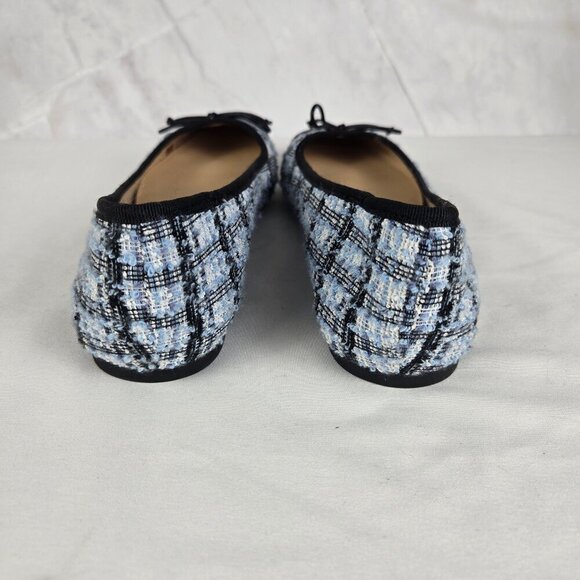 LOFT Size 7.5M Blue Plaid Tweed and Black Leather Ballet Flats Bow Accent - Picture 4 of 12